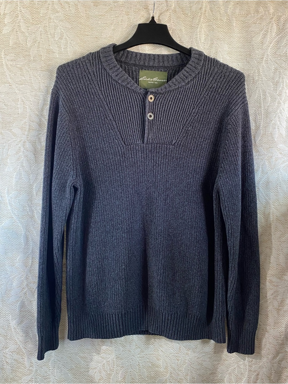 Eddie Bauer Navy Ribbed Henley Crewneck Sweater